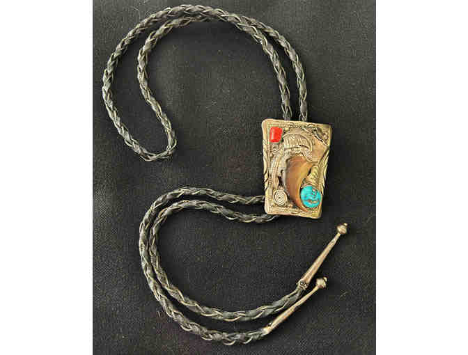 Vintage Navajo Silver Bolo Tie with Bear Claw, Turquoise & Coral