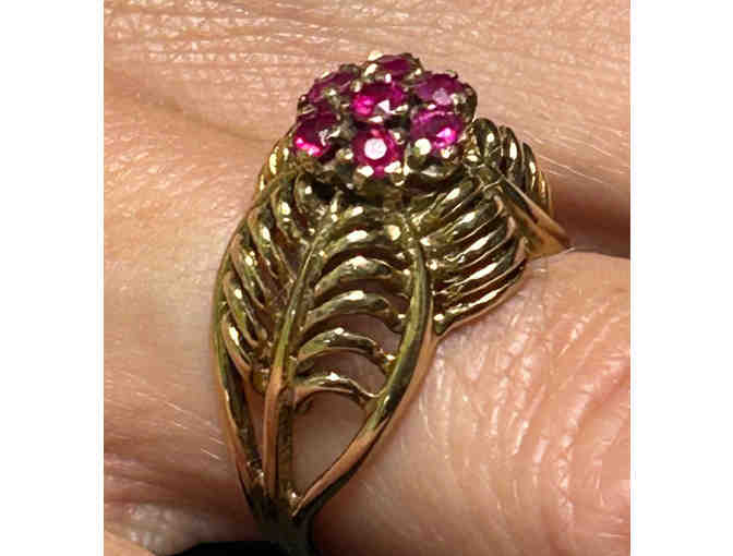 Vintage MCM 14K Yellow Gold & Ruby Filigree Dome Ring Size 7