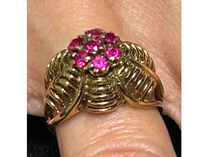 Vintage MCM 14K Yellow Gold & Ruby Filigree Dome Ring Size 7