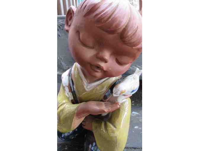 Japanese Clay Pottery Girl with Bird