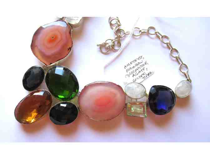 Chunky Silver Necklace with Rainbow Topaz and Green Amethyst
