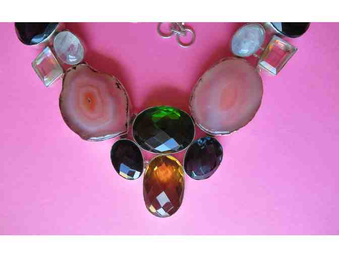 Chunky Silver Necklace with Rainbow Topaz and Green Amethyst