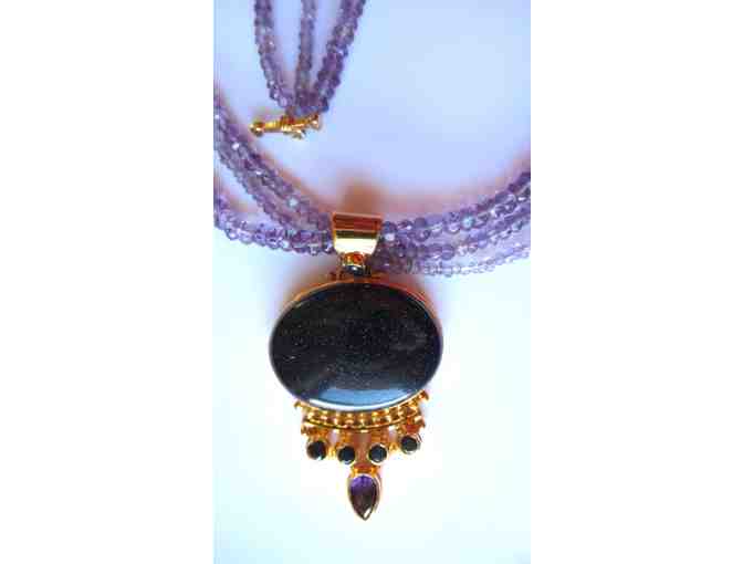 Deep Blue Goldstone Pendant with Amethyst-Colored Stone Chain Necklace