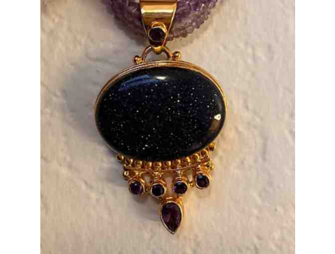 Deep Blue Goldstone Pendant with Amethyst-Colored Stone Chain Necklace