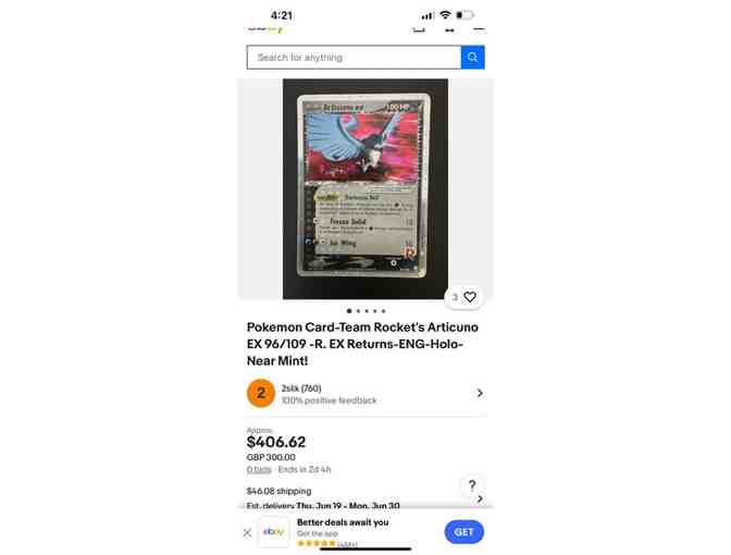 POKEMON: 2004 Ultra-Rare, 'Articuno Ex' Hologram (Mint, never played)