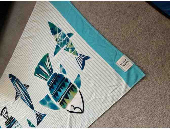 Beach Towel (FISH) - Oversized Blue/White Towel, 72' x 36'