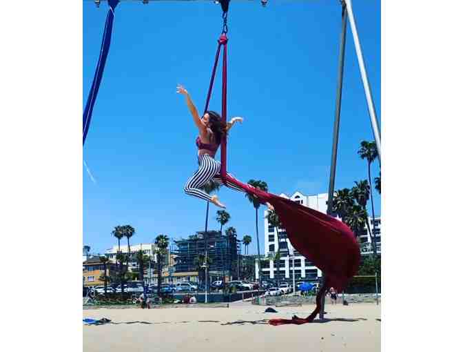 Aerial silks at the Beach by the Santa Monica Pier with Coach Sharyn