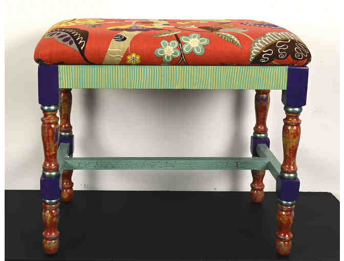 Hand-painted Upholstered Vintage Bench (Lesley Makris) - LIVE AUCTION