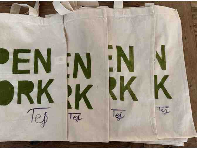 OPEN WORK stenciled canvas bag handmade by 7th grader Tej Abumrad