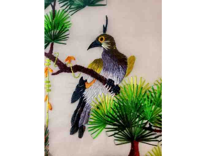Embroidered Silk Wall Art: Perched Peacock