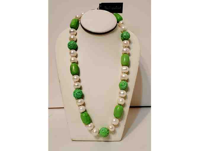 Necklace -- White pearls with Green polished & carved beads