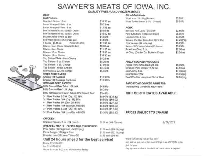 Sawyer's Meat Gift Certificate
