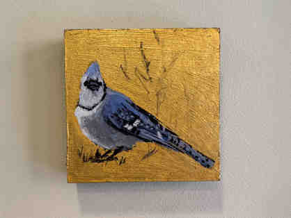 Painting of blue jay on a gilded birchwood panel