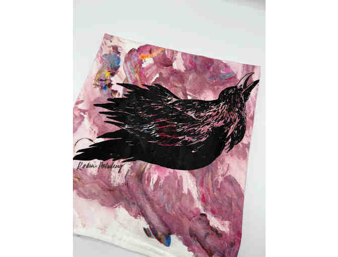 T-shirt with screen-printed crow on painted background by Kaarin Holmberg